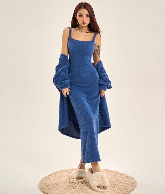 Caroline Solid Color Blue Cardigan Long Slim Spaghetti Strap Dress Set