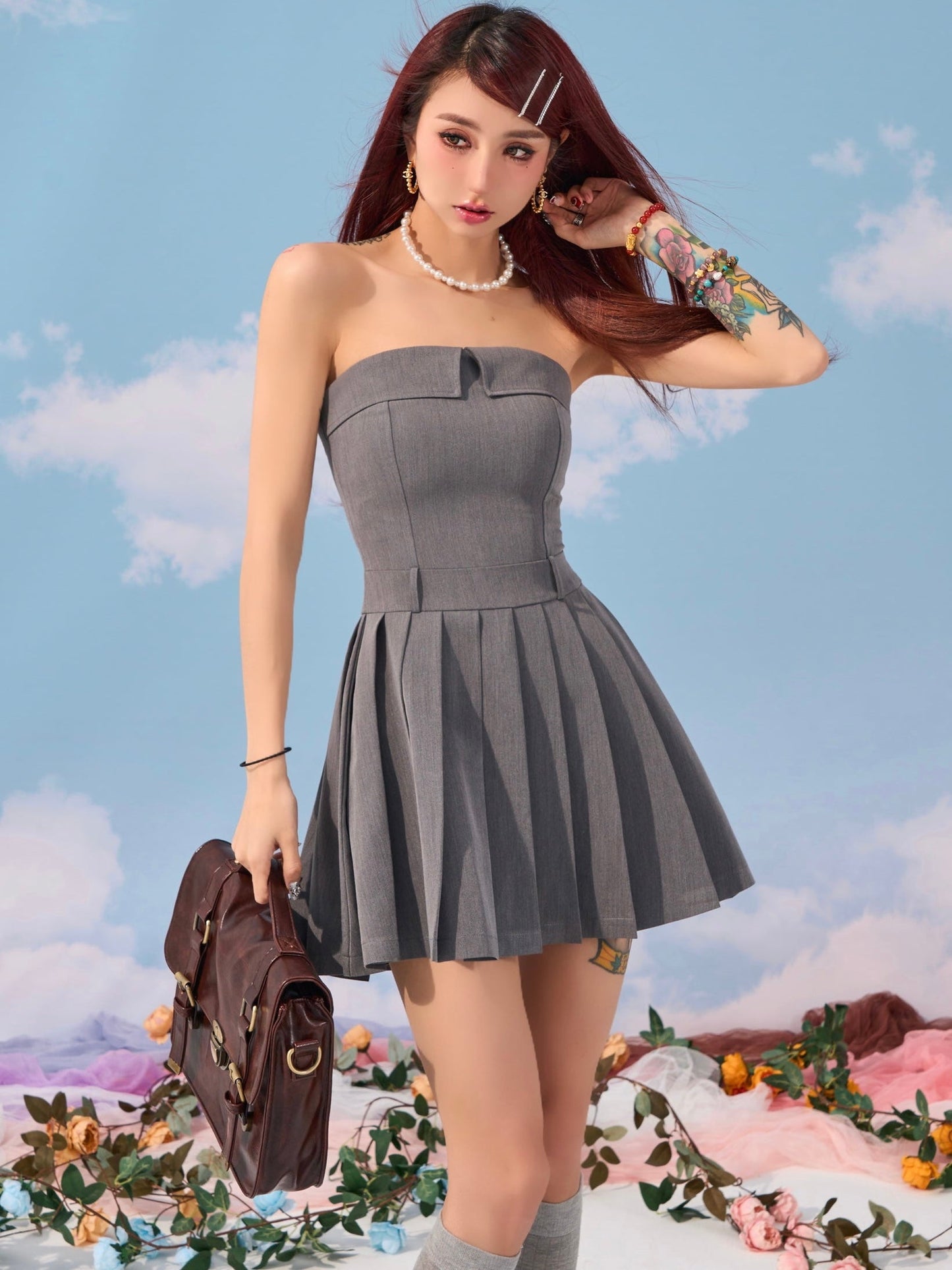 Julianna Solid Color Gray Bandeau Chest Fold Pleated Sleeveless Short Mini Dress