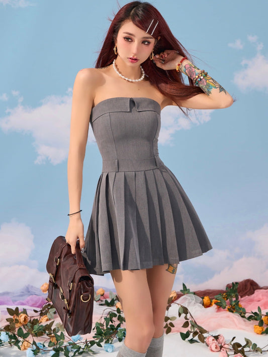 Julianna Solid Color Gray Bandeau Chest Fold Pleated Sleeveless Short Mini Dress