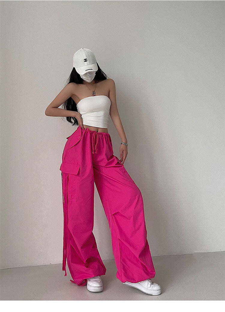 Loa Solid Color Hot Pink Multi-Pocket Tassel High Waist Straight Leg Cargo Parachute Pants