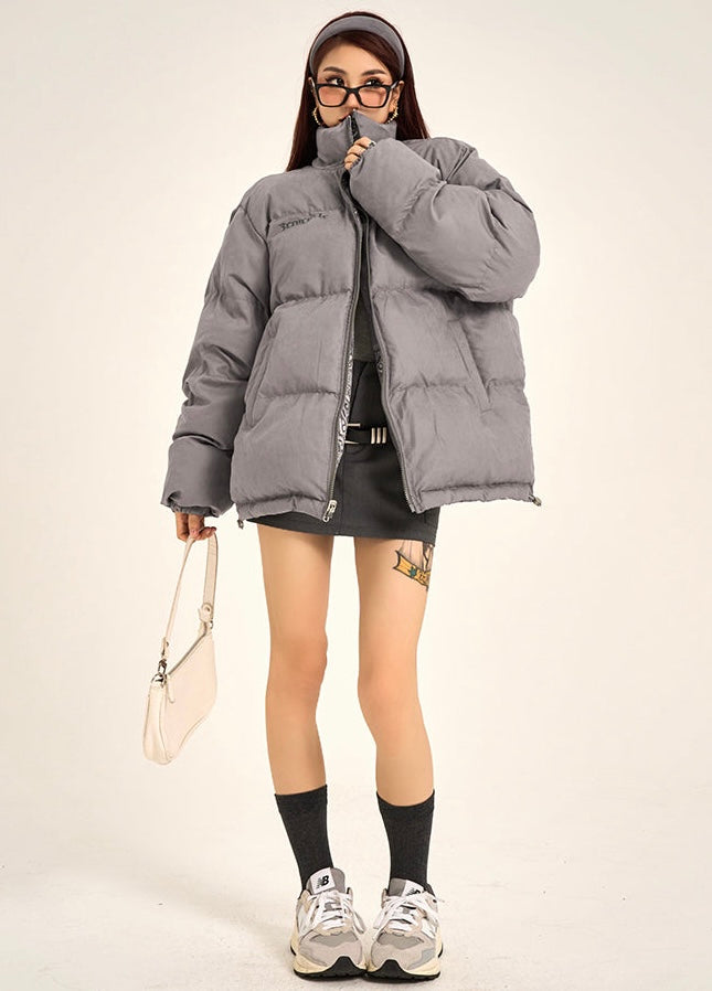 Brianna Solid Color Grey Reversable Long Sleeve Bomber Puffer Jacket