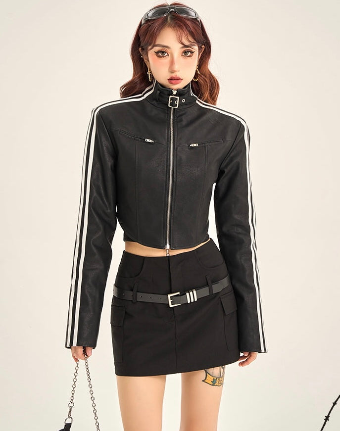 Brianna Solid Color Black Faux Leather Striped Sleeves Zip Up Long Sleeve Turtleneck Jacket Top