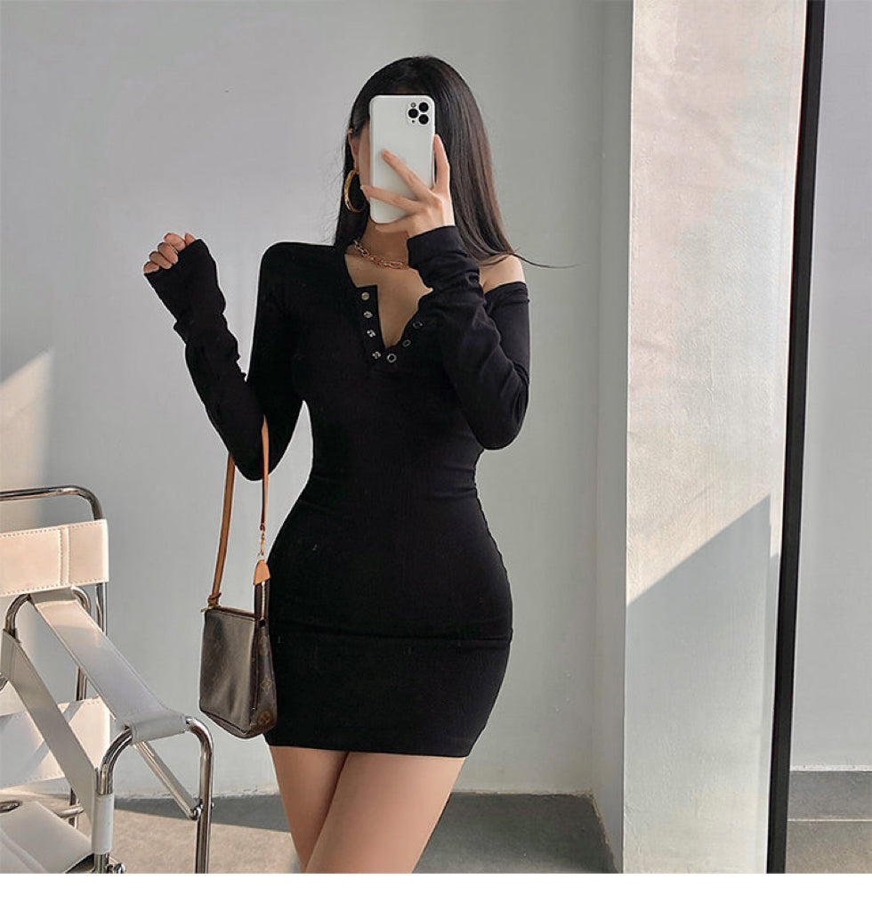 Brianna Solid Color Long Sleeve Button Up Slim Bodycon Mini Dress