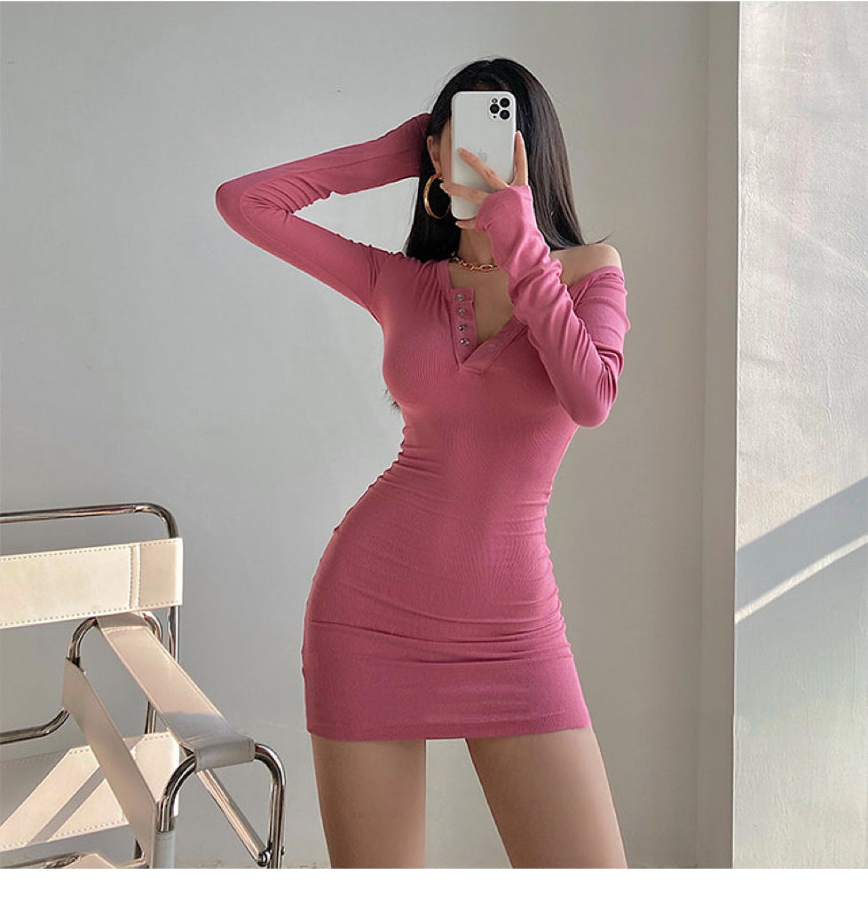 Brianna Solid Color Long Sleeve Button Up Slim Bodycon Mini Dress