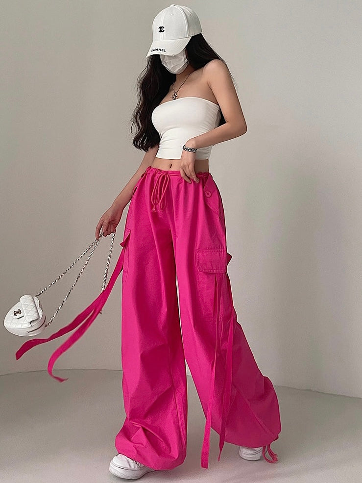 Loa Solid Color Hot Pink Multi-Pocket Tassel High Waist Straight Leg Cargo Parachute Pants