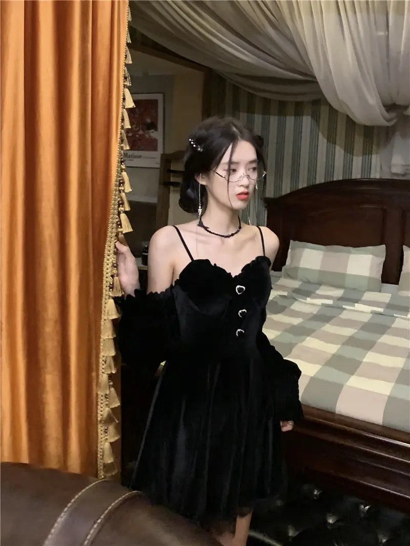 Fiery Romantic Goth Black Lace Velvet Dress