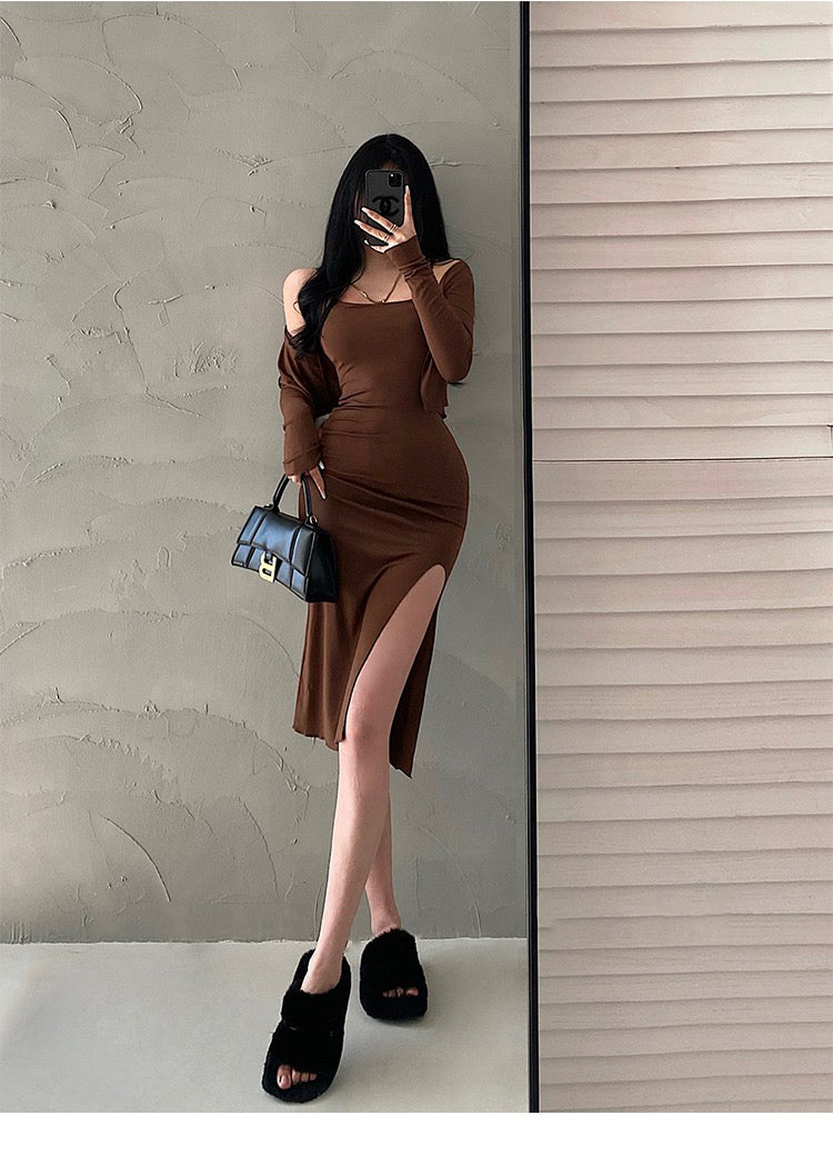 Valerie Solid Color Sleeveless Side Split Square Neck Short Dress Long Sleeve Cardigan Set