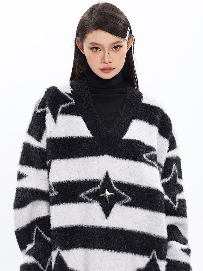 Twinkle Star Graphic Image Print Stripe V-Neck Long Sleeve Sweater