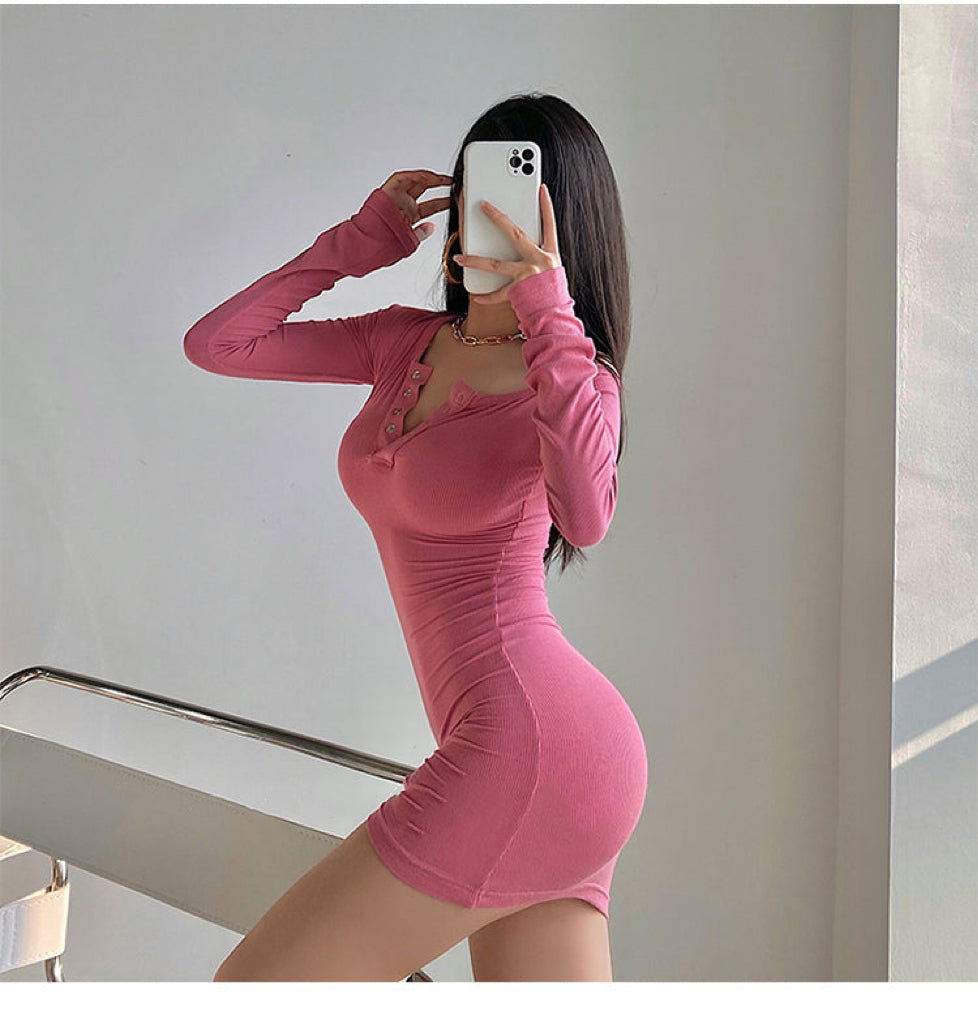 Brianna Solid Color Long Sleeve Button Up Slim Bodycon Mini Dress