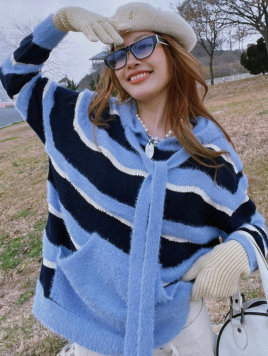 Jamie Blue Stripe Long Sleeve Hooded Sweater