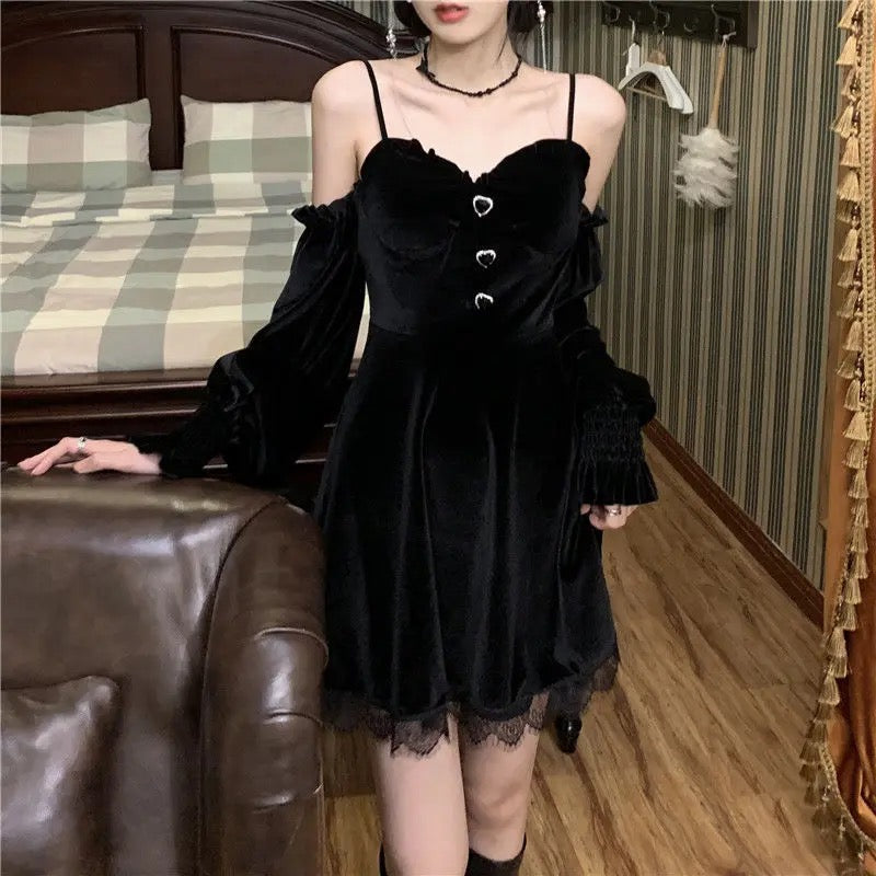 Fiery Romantic Goth Black Lace Velvet Dress