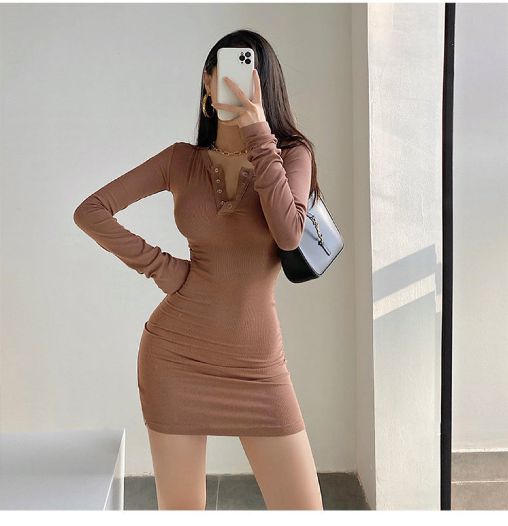 Brianna Solid Color Long Sleeve Button Up Slim Bodycon Mini Dress