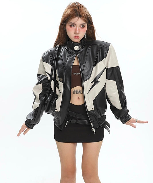 Lightning Bolt Pu Leather Patchwork Zip Up Jacket