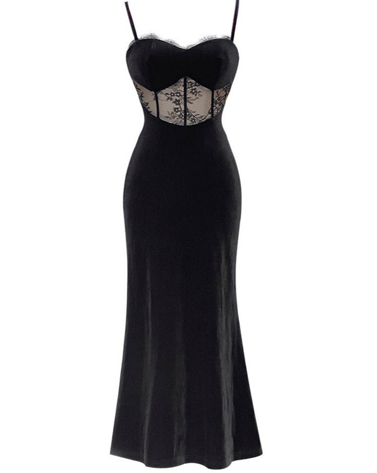 Brenna Black Velvet Vampy Lace Slip Dress