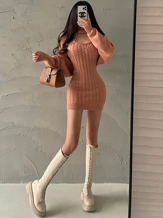 Olivia Solid Color Chain Halter Slim Cardigan Mini Dress Matching Set