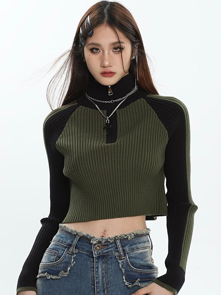 Zariah Patchwork Ribbed Zip Up Turtleneck Long Sleeve Cropped Sweater Top