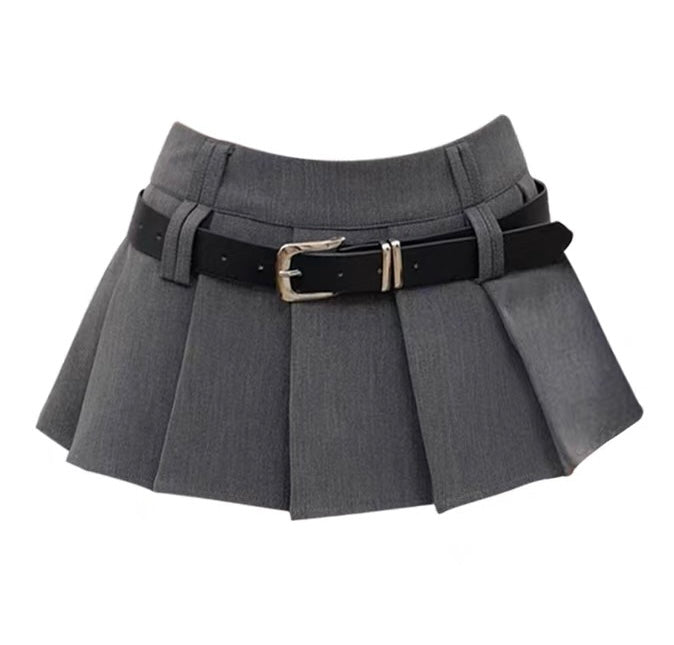 Jude Solid Color High Waist Belt Pleated A-Line Mini Skirt