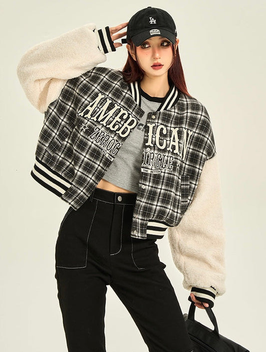 AMERICAN Plaid Long Sleeve Varsity Jacket