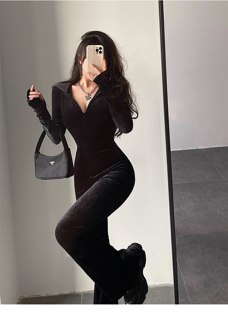 Sienna Solid Color Black Velour Long Sleeve Hooded Zip Up One Piece Jumpsuit