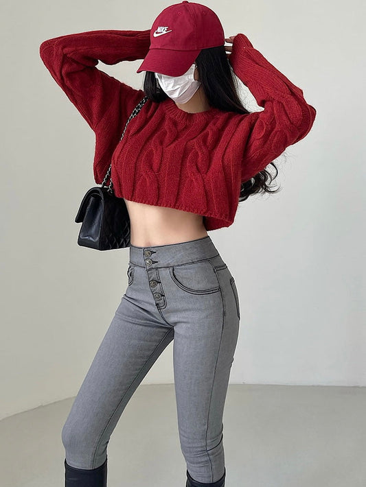 Brooke Solid Color Knitted Long Sleeve Cropped Sweater