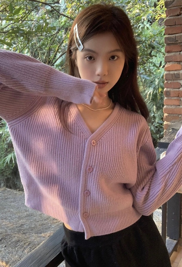 Letica Solid Color Ribbed Long Sleeve Button Up Cropped Sweater