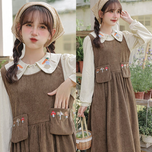 Mushroom Embroidered Corduroy Cottagecore Pinafore Dress / Shirt