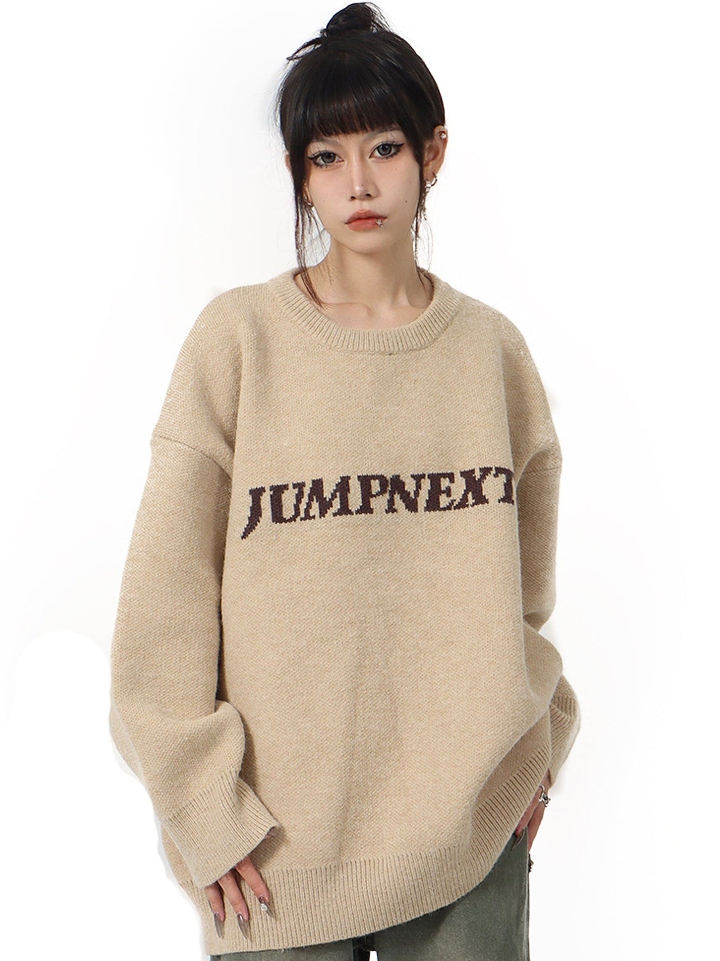 JUMP NEXT Logo Letter Print Loose Casual Long Sleeve Sweater