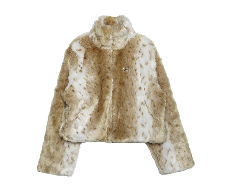 Shaylee Animal Print Faux Fur Long Sleeve Zip Up Jacket