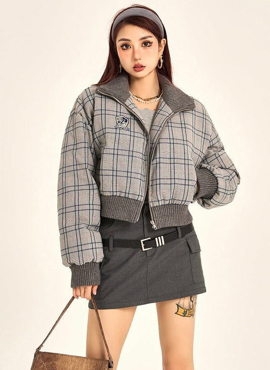 Brielle Plaid Grey Long Sleeve Zip Up Turtleneck Cropped Bomber Jacket