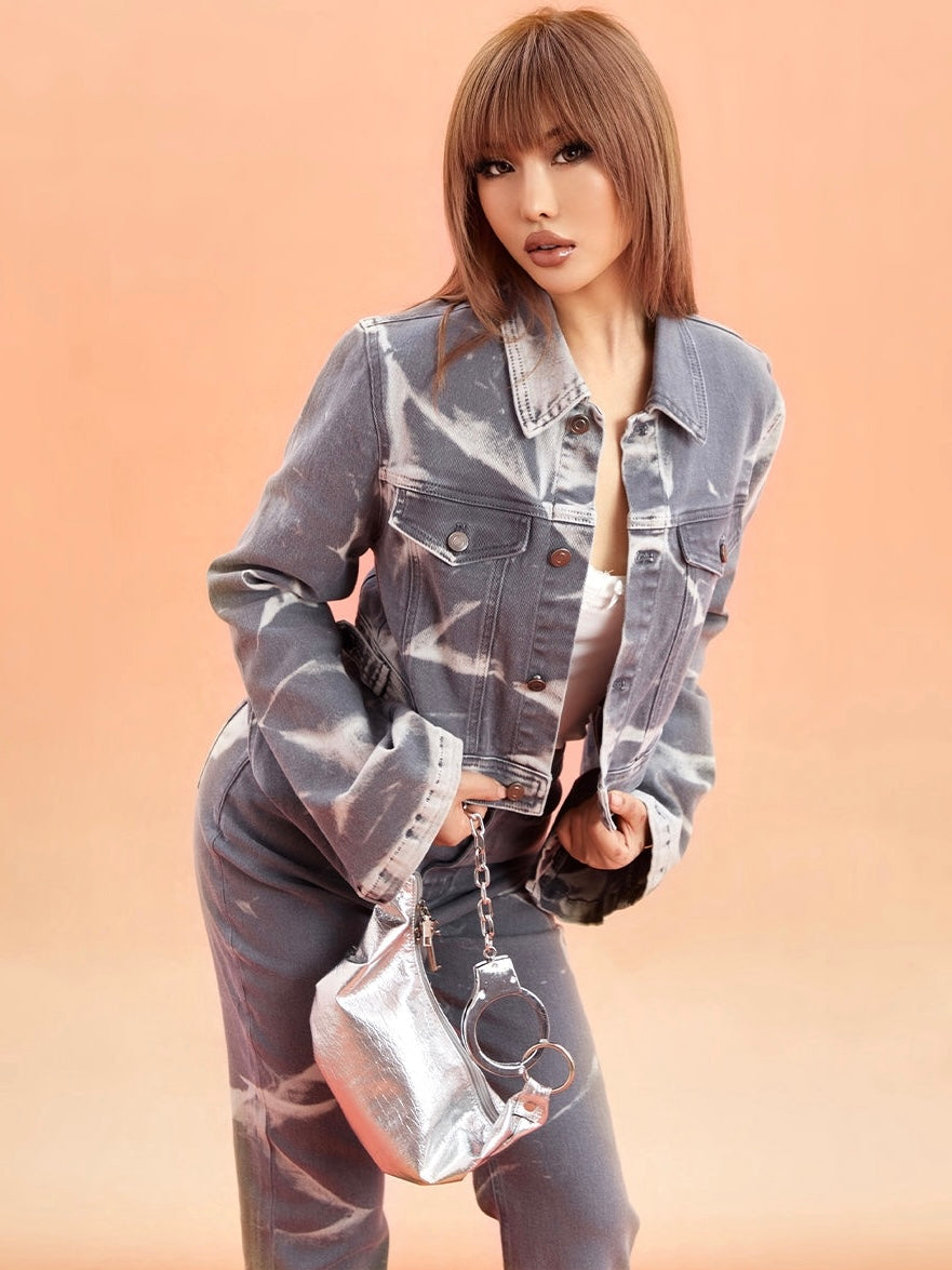 Unicorn Blood Bleached Grey Denim Jeans Cropped Button Up Jacket High Waist Pants Matching Set