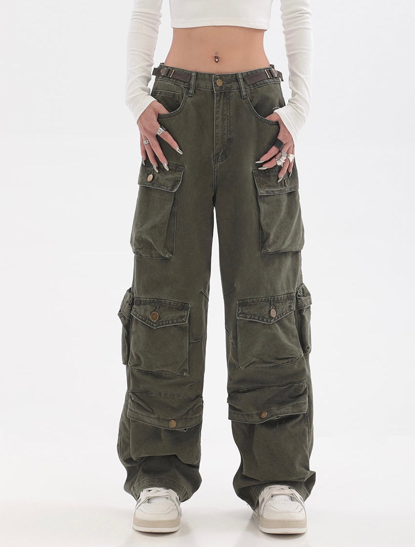 Streetwear Multi Pocket Lining Baggy Army Green Cargo Pants