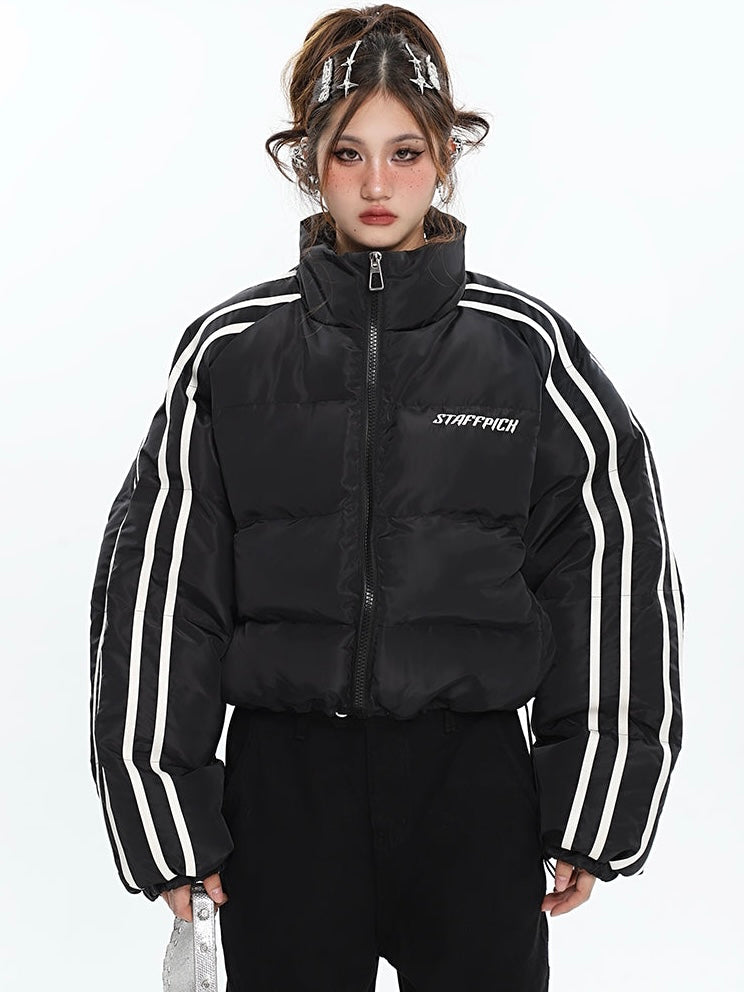 STAFFPICH Stripe Sleeve Turtleneck Long Sleeve Zip Up Puffer Jacket