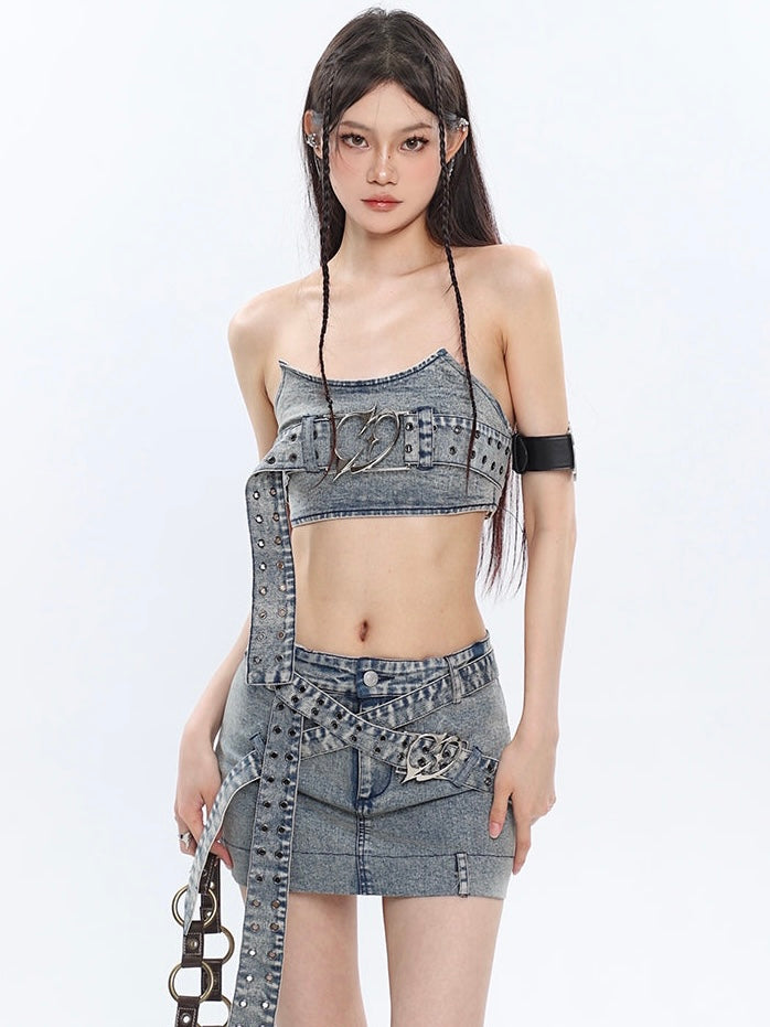 Chrome Denim Heart Belt Bandeau Top + Denim Belt Wrap Mini Skirt + Denim Micro Flare Jeans Pants Matching Set