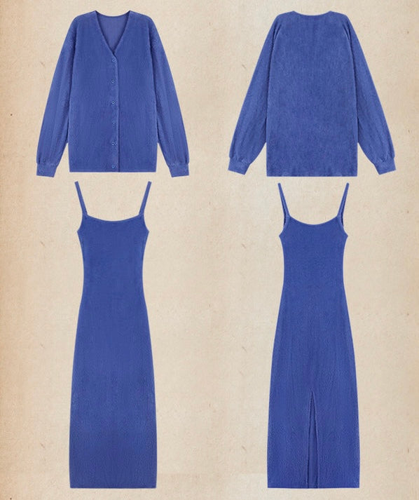 Caroline Solid Color Blue Cardigan Long Slim Spaghetti Strap Dress Set