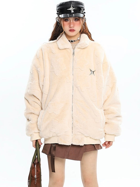 Starfish Patches Solid Color Fleece Long Sleeve Zip Up Jacket