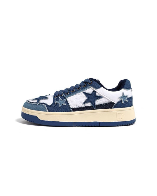 Superstar-100 Denim Blue Star Patchwork Flat Sneakers