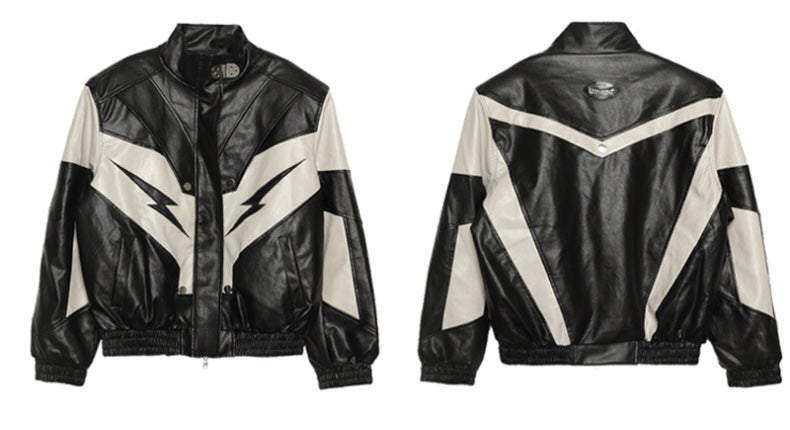 Lightning Bolt Pu Leather Patchwork Zip Up Jacket