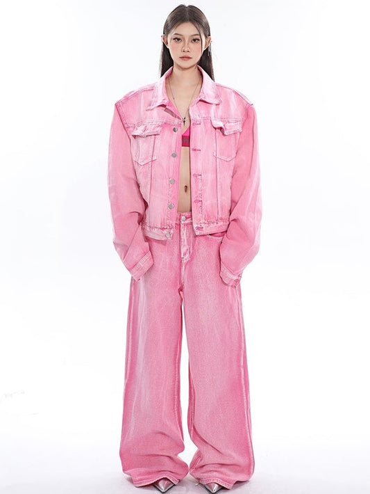 Barbie Pink Denim Bleach Washed Dye Long Sleeve Button Up Jean Jacket + Low Waist Straight Leg Jeans Pants Matching Set