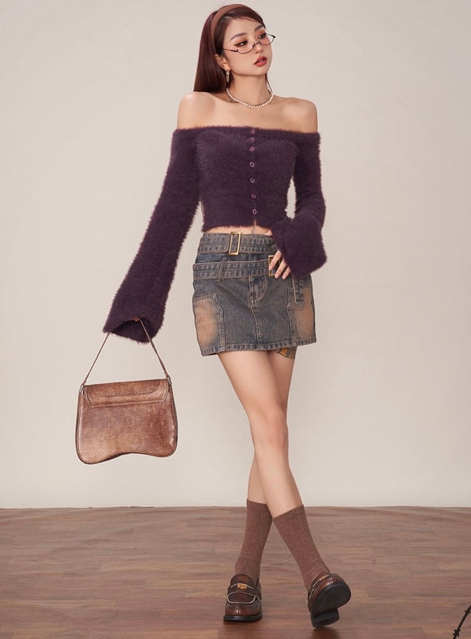 Grape Solid Color Purple Fluff Off The Shoulder Long Flare Sleeve Cropped Sweater Top