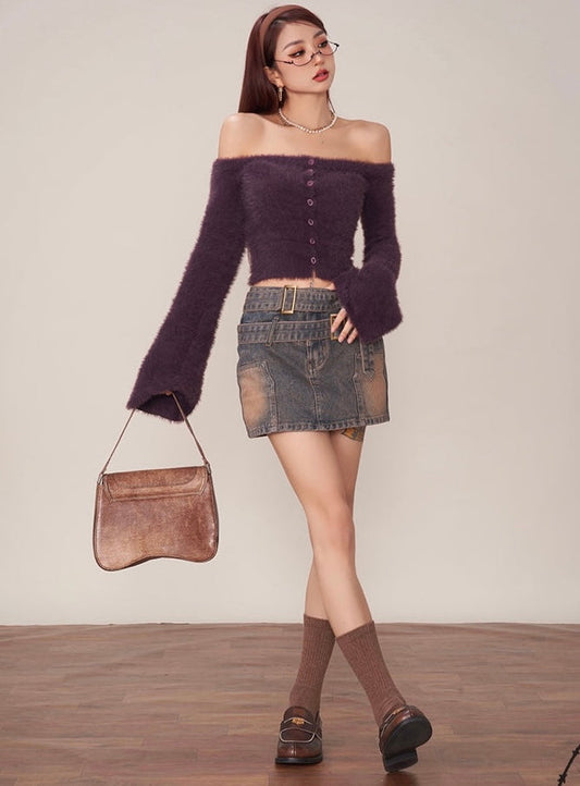 Grape Solid Color Purple Fluff Off The Shoulder Long Flare Sleeve Cropped Sweater Top