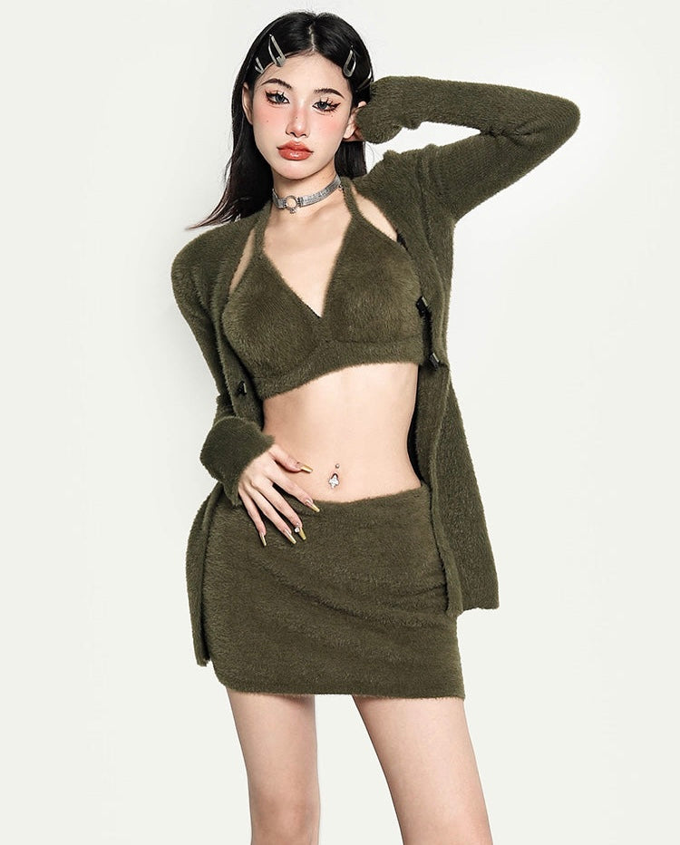 Alisson Solid Color Dark Green Three Piece Top Cardigan Mini Skirt Matching Set