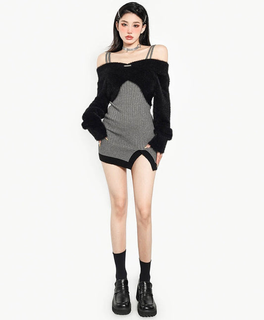 Marinette Grey Side Slit Spaghetti Straps Mini Dress Fluff Off The Shoulder Sweater Matching Set