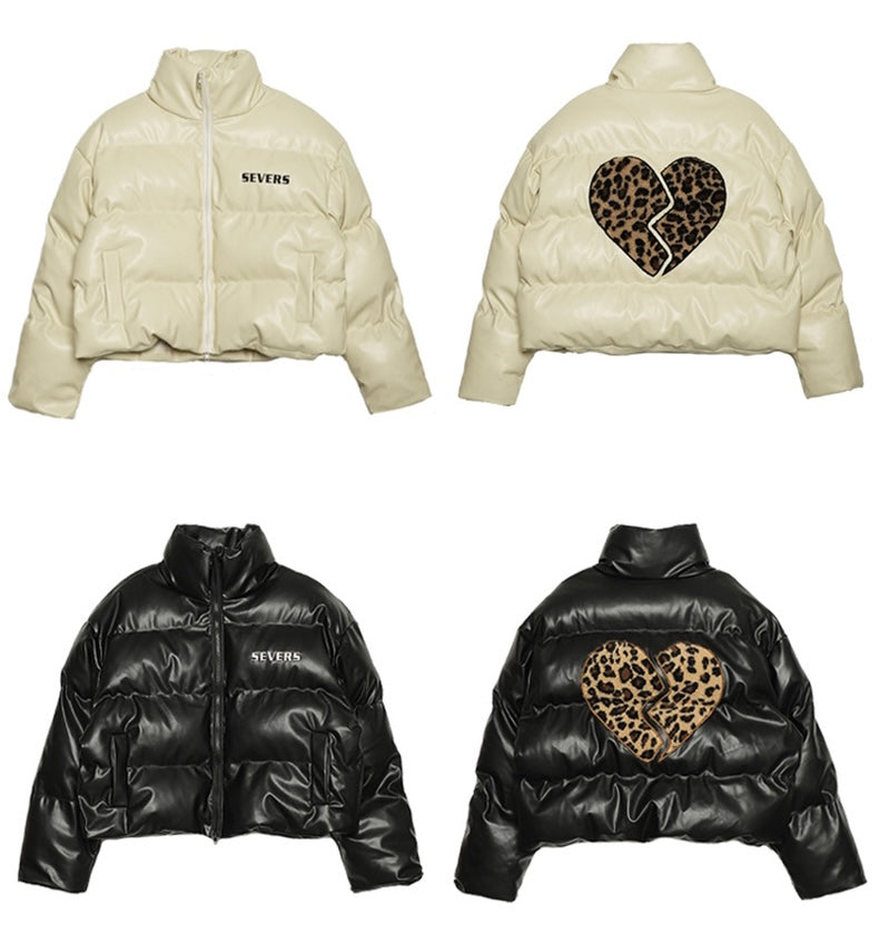 Jessi Solid Color Broken Heart Leppard Print Patchwork Bomber Jacket