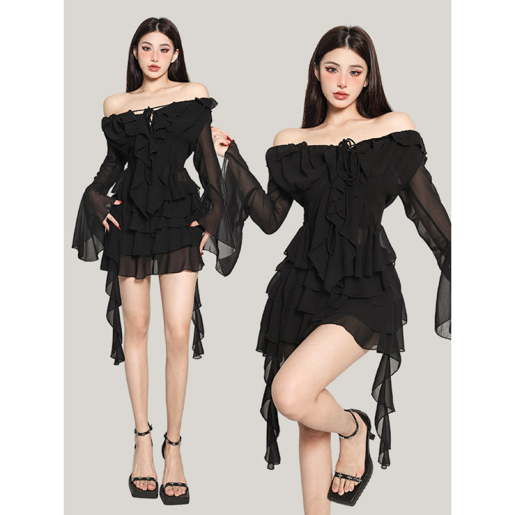 Mimiwu Solid Color Shiffon Bandeau Long Sleeve Cardigan Tassel Dress Set