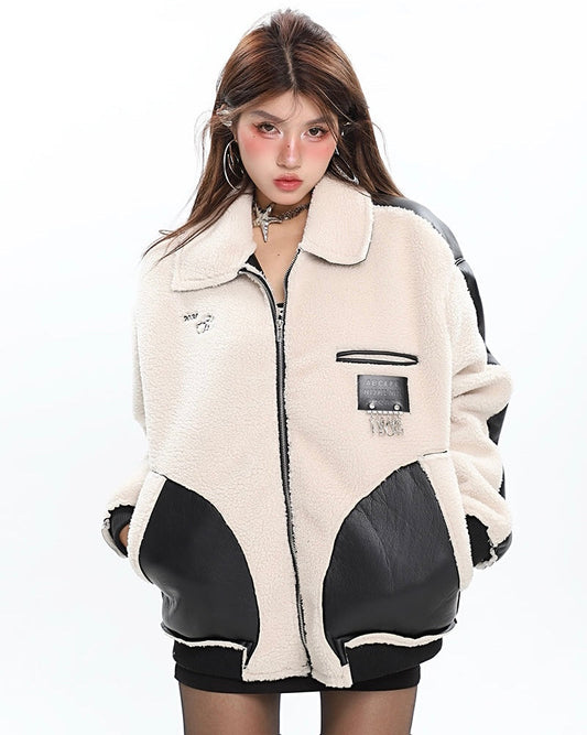 Janessa Cream Color Fleece Patchwork Pu Leather Jacket