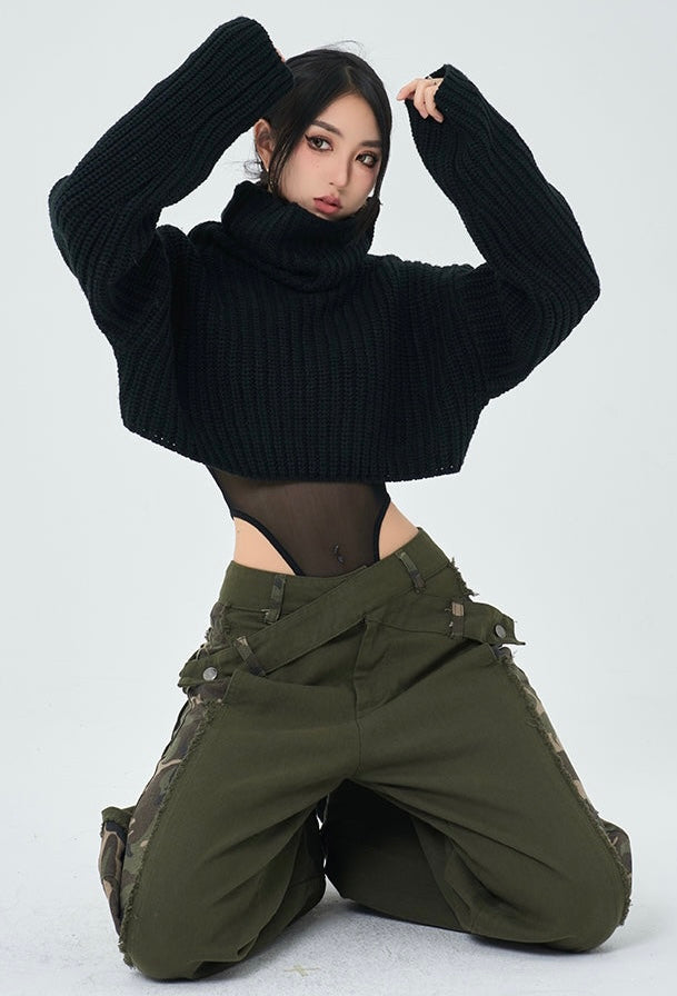 Izabella Ribbed Knitted Turtleneck Long Sleeve Cropped Sweater