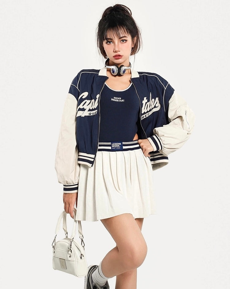 CAPITALES Embroidery Long Sleeve Cropped Varsity Jacket