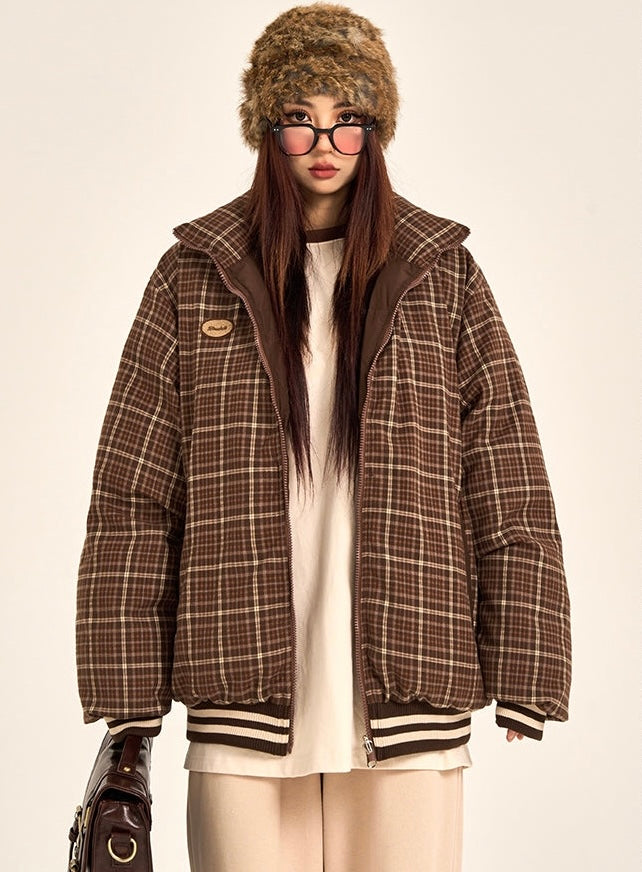 Lillie Brown Plaid Long Sleeve Zip Up Turtleneck Bomber Jacket