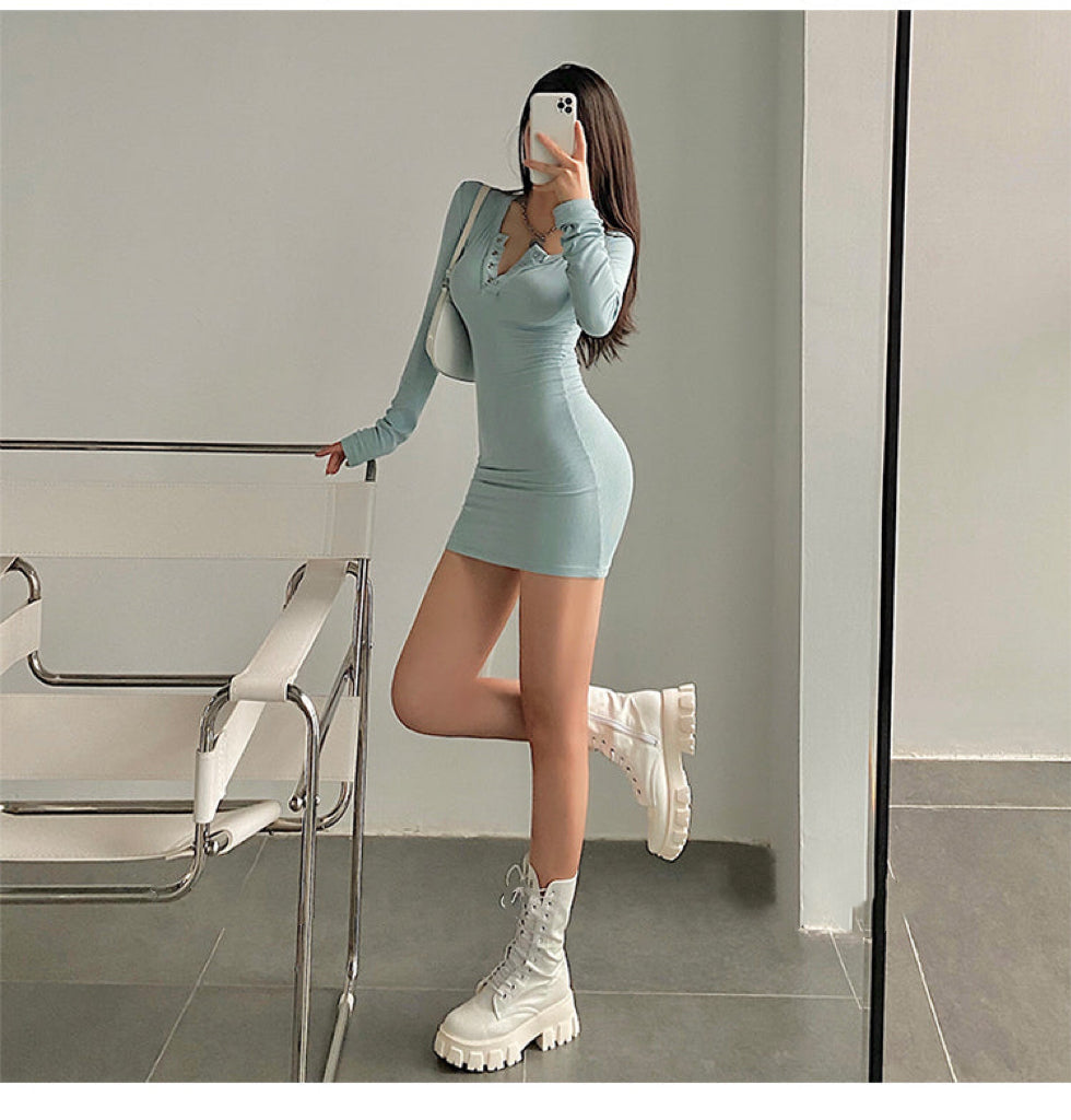 Brianna Solid Color Long Sleeve Button Up Slim Bodycon Mini Dress