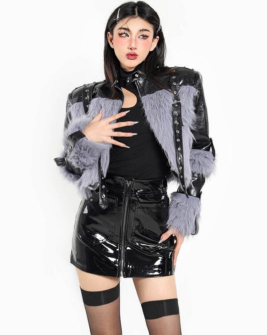 Lindsey Faux Fur Faux Leather Patchwork Double Belt Straps Zip Up Long Sleeve Cropped Jacket